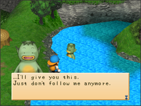 I'm not sure why the Kappa things that throwing a cucumber into the lake is considered following him... The Kappa